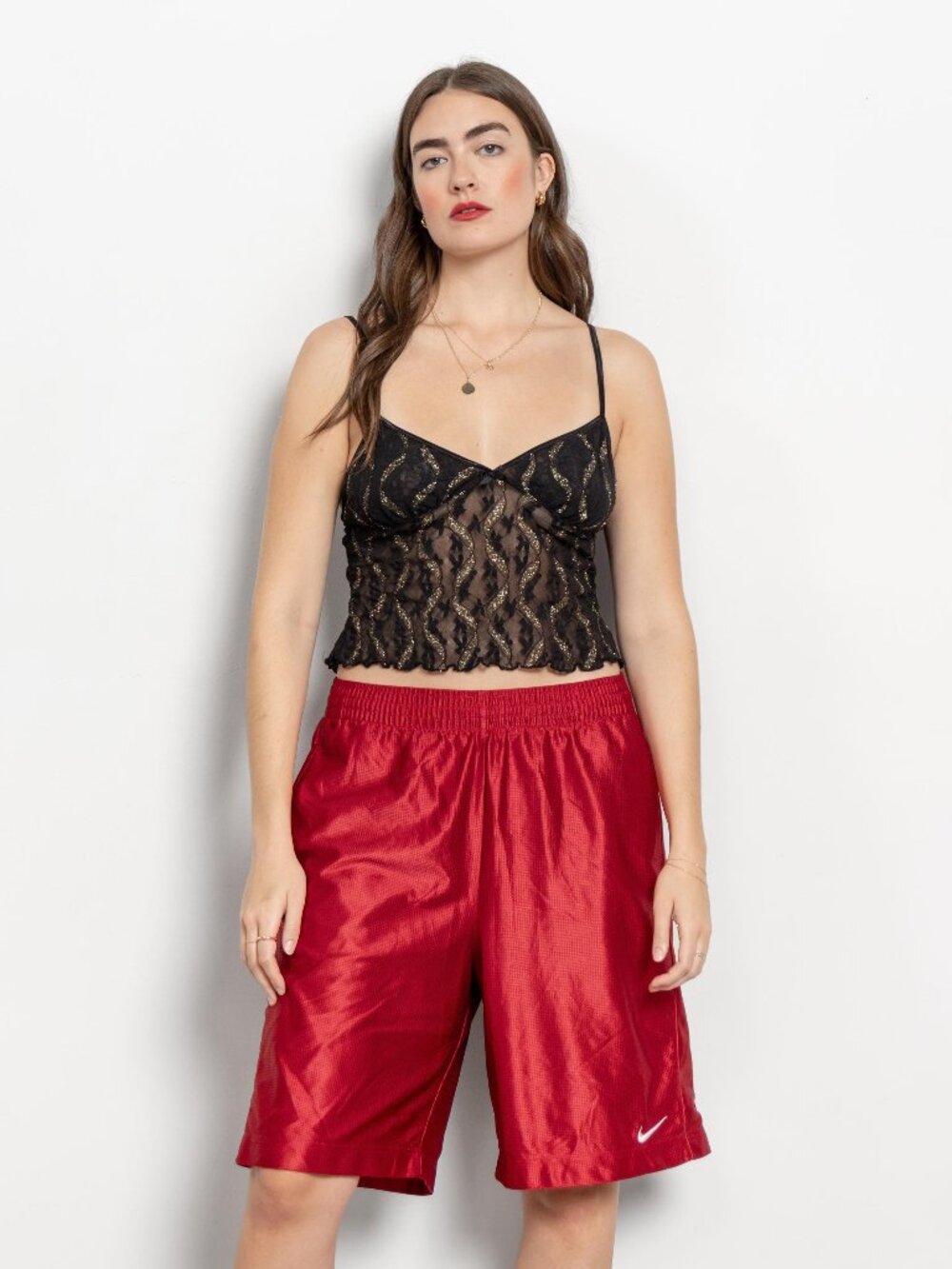 BLACK LACE CAMISOLE Stretch Vintage Spaghetti Straps Mini Sheer Gold Metallic